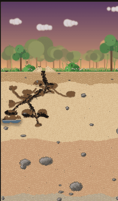A cross-section of an ant nest under a meadow: tunnels and chambers in layered soil, a small pool at one side, trees on the surface.